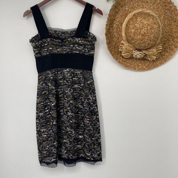 Aysha Tweed Sleeveless Dressy Mini Dress Metallic Weave Black Multi Size 2 - Picture 2 of 16